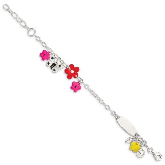 Sterling Silver Multi-color Enameled Floral Butterfly 6" Children's ID Bracelet - Picture 2 of 5